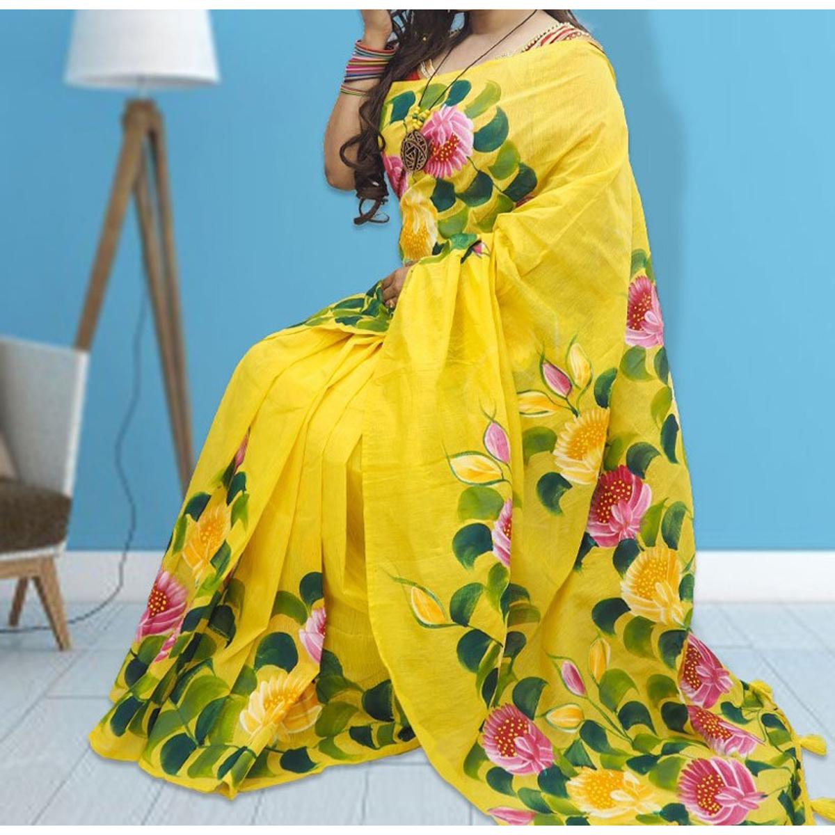 Hand Printed Exclusive Design half silk saree for Women 360 view