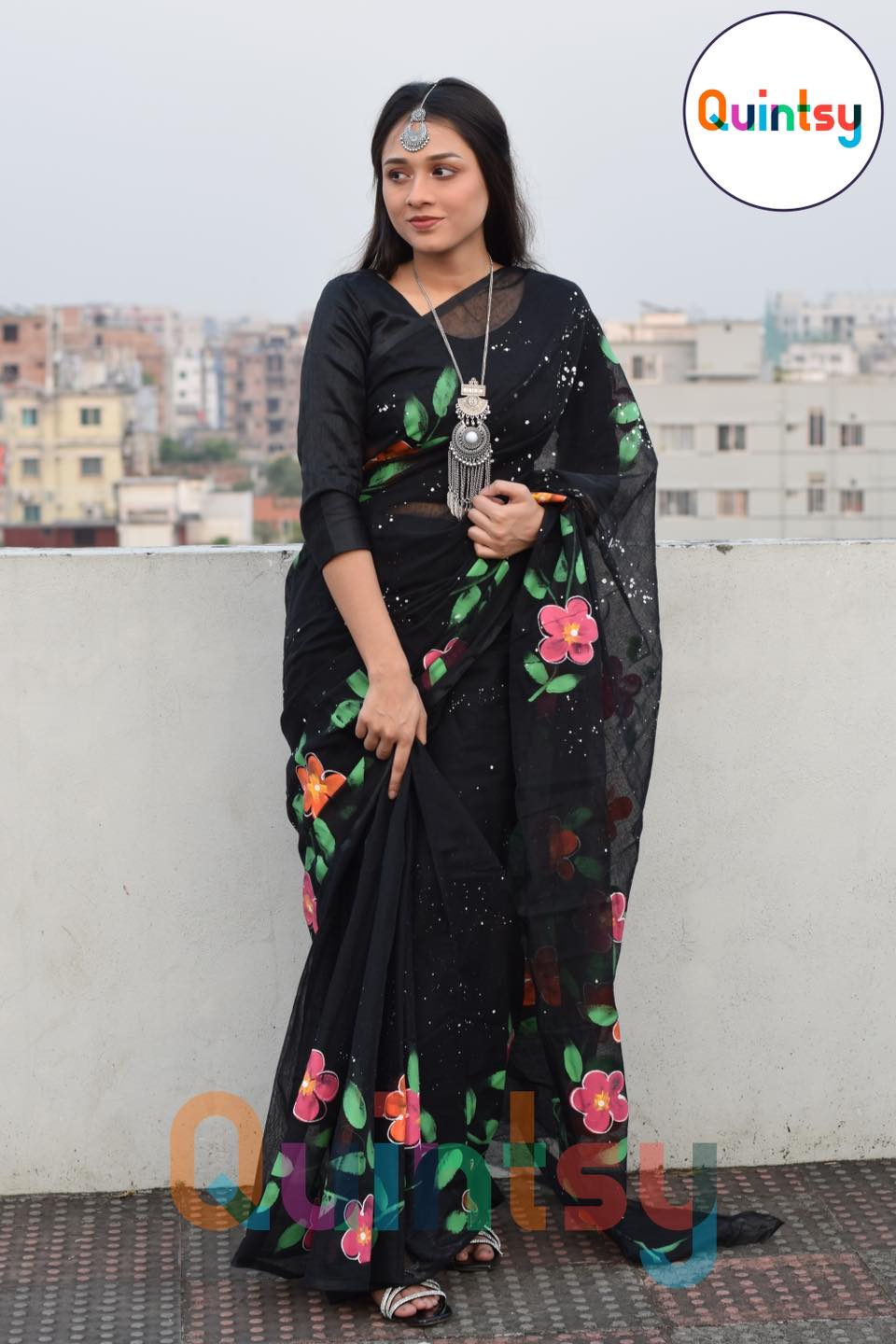 Hand Printed Exclusive Design half silk saree for Women 360 view